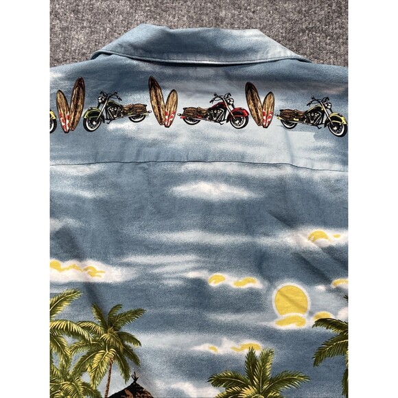 Ky's Hawaiian Shirt Men's Large Cotton Motorcycles Surfboards Tiki Hut Button-Up - Picture 15 of 16